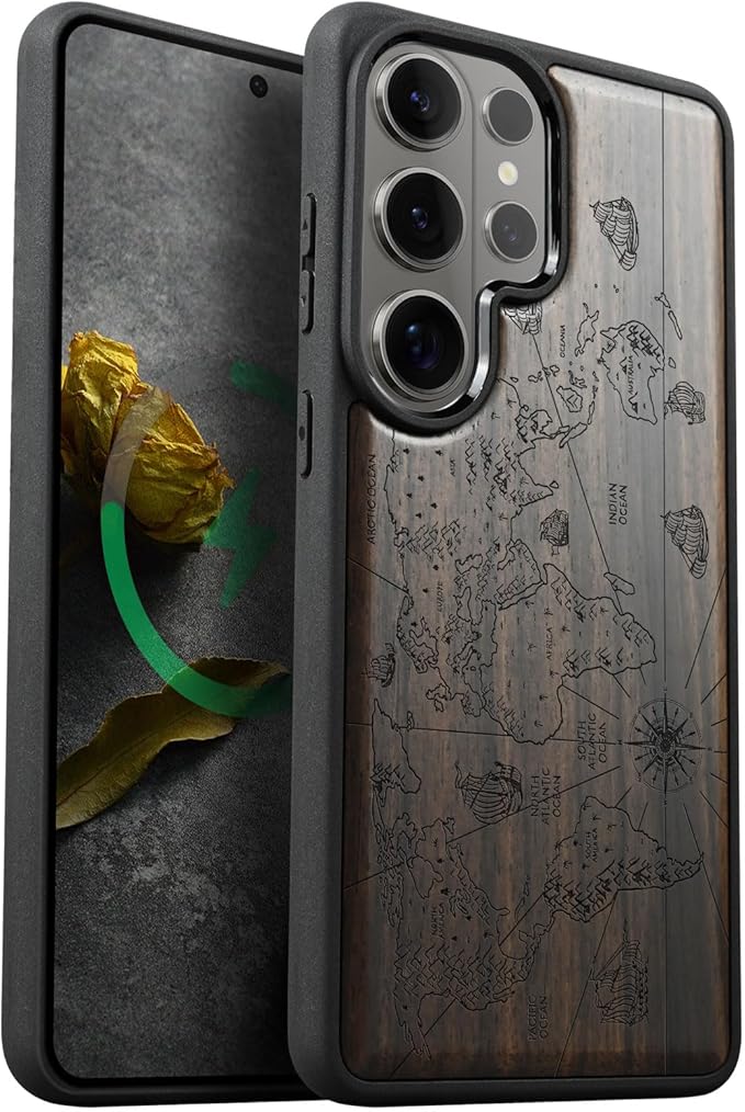 Carveit Magnetic Wooden Case for Samsung Galaxy S26 Ultra Case 2026, TPU Shockproof Cover & Wood Artisan Engraved, Compatible with MagSafe Wireless Chargers (World Map) Blackwood