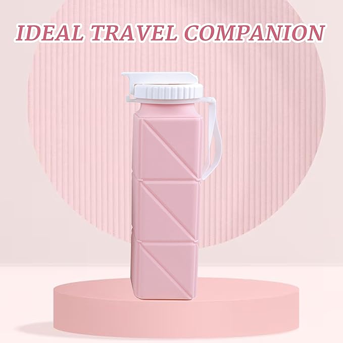 EOBTAIN Pink Travel Collapsible Water Bottle with Straw 20oz BPA Free Portable Silicone Foldable Water Bottles Cups,Lightweight Durable Sports Water Bottles for Hiking,Camping,Gym