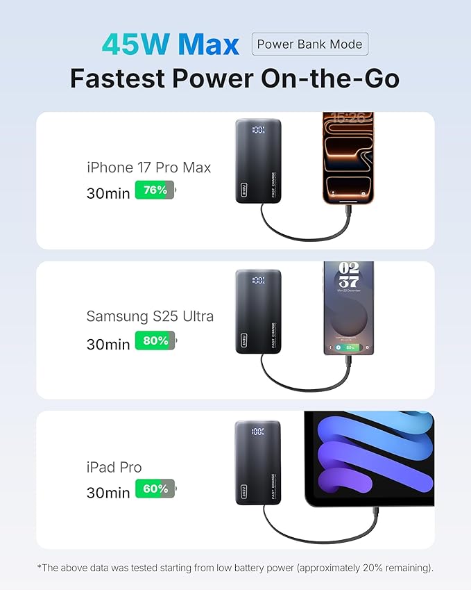 INIU 3-in-1 Portable Charger, 45W 10000mAh Fast Charging Power Bank, Built-in USB C Cable & Foldable Wall Plug, Travel Essentials, Battery Pack for iPhone 17 16 15 Series, Samsung, MacBook, etc. Pink