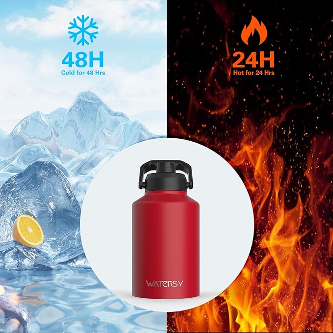 WATERSY Half Gallon Water Bottle Insulated(Cold for 48 Hrs),BPA Free&Leak Proof,64oz Stainless Steel Water Jug/Flask,Big thermo,Large Water Bottle with Handle for Gym,Hiking,Camping,Red