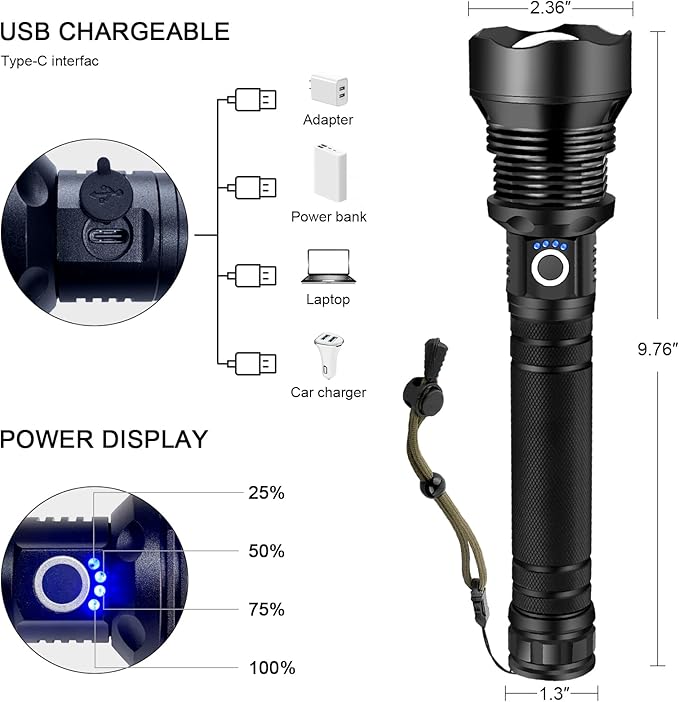 OMALIGHT Rechargeable LED Flashlight, 90,000 Lumens Super Bright Tactical Flashlights with Zoomable 10 Modes Waterproof Flash Light for Camping Emergencies Outdoor Indoor