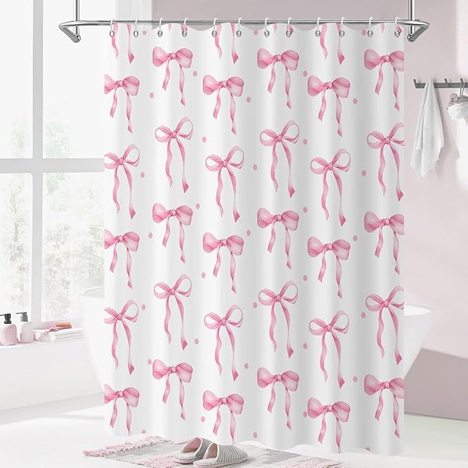 Pink Bow Shower Curtain, Pink and White Modern Aesthetic Bowknot with Polka Dot Cute Girly Bathroom Curtain Waterproof Fabric Machine Washable with Hooks, 72" Wx84 L