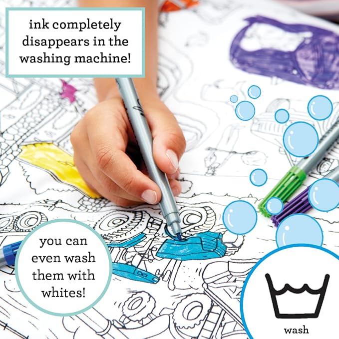 eatsleepdoodle 30x20in White Cotton Pillowcase with 10 Pack Washable Markers for Kids - Cars & Trucks Coloring Activity
