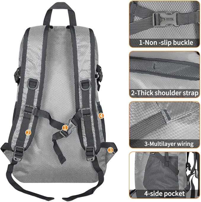 30L Large capacity Lightweight Packable Foldable Backpack，women and men Hiking backpack，Outdoors Travel Backpack (Silver Grey)