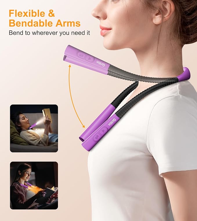 Gritin Book Light, Eye Caring 4-Color & 5-Brightness Neck Light Reading Light- Stepless Dimming,30-min Timer,80+ Hrs Runtime,Bendable Round Neck Design, Lightweight for Reading-Dark Purple