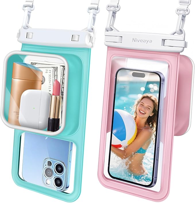 Niveaya [Floatable Floating Waterproof Phone Pouch 2 Pack-Up to 8.5", Large Space Adjustable Neck Lanyard Waterproof Phone Case, Phone Dry Bags for Vacation Beach Pool Kayak Cruise Travel Essentials