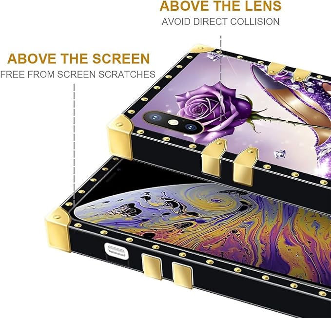 Compatible with iPhone XR Case, High Heeled Purple Diamond Rose Luxury Golden Decoration for Girl Women Soft TPU Shockproof Protective Hard PC Back for iPhone XR