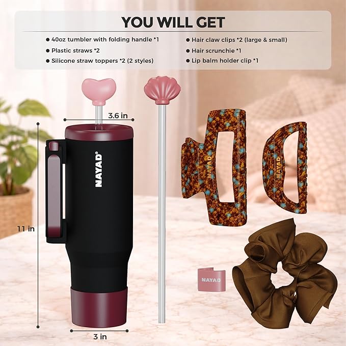 NAYAD 40oz Travel Tumbler with Handle and Straw|Cup Holder Friendly Insulated Stainless Steel Dual Straw-Sip Lid Folding Handle Cupholder Compatible for Travel or Gift| BPA-Free (Black)