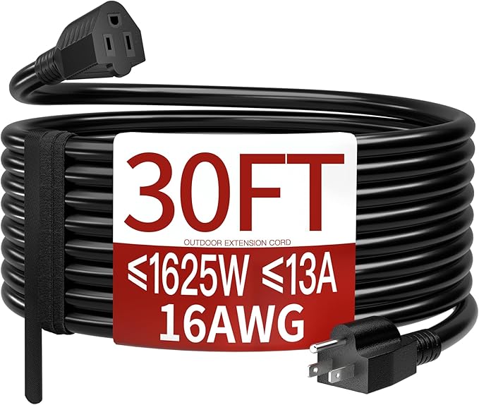 16/3 13A 125V 1625W 30 FT Outdoor Extension Cord Waterproof, Weatherproof & Flame Retardant Black 3 Prong Power Cord Outside for Lawn & Garden,125 VAC 16AWG SJTW, ETL Listed
