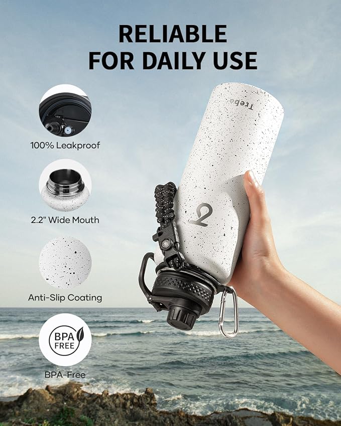 Trebo Water Bottle 40oz with Paracord Handle, Half Gallon Large Vacuum Triple Wall Stainless Steel Insulated Water Jug with Holder Strap Straw Spout Lids, Leakproof Keep Cold & Hot,Starry White