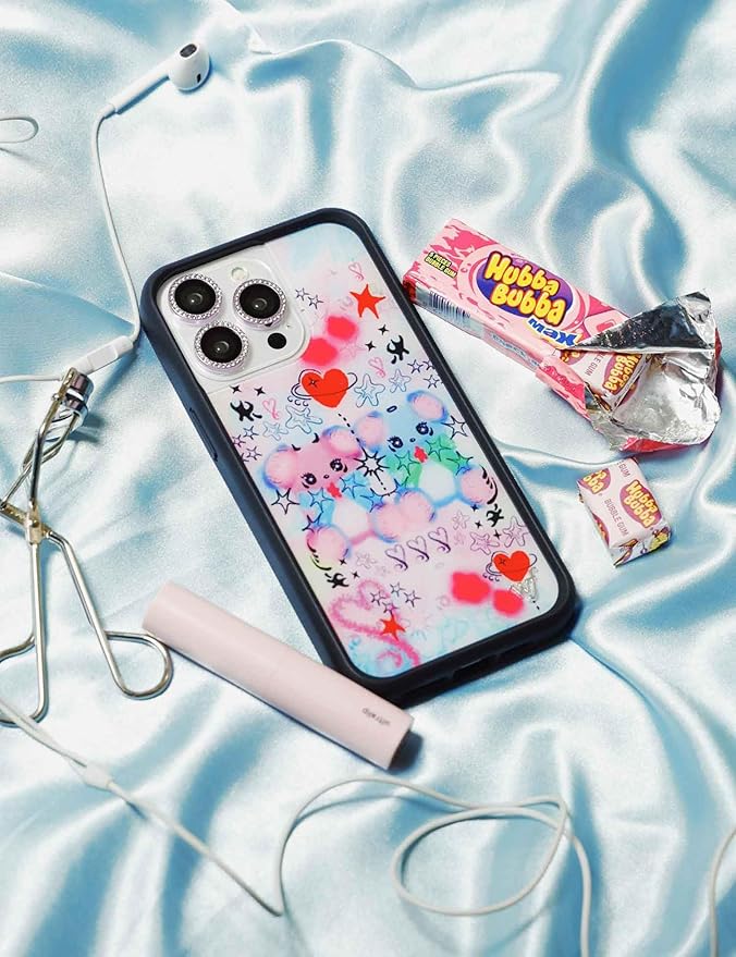 Wildflower Cases - Compatible with iPhone 13 Pro | Protective Black Bumper, 6.5ft Drop Test Certified, Women Owned Small Business | Trendy Airbrush Purple Bears | Cotton Candy Teddies