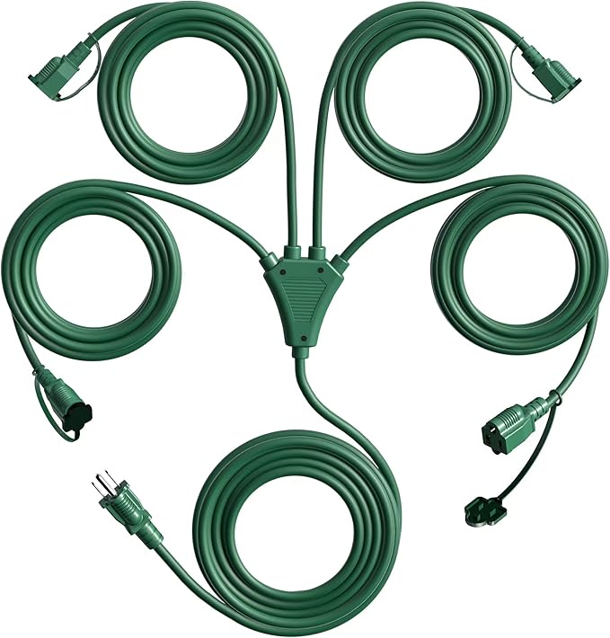 Eversimpleinc 1 to 4 Splitter Extension Cord (Combined 46 FT, End to End 28 FT), 3 Prong Plug with 4 Extended Outlets, with Weatherproof Covers for Indoor and Outdoor