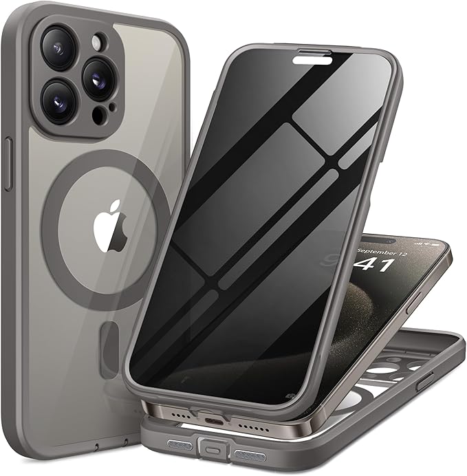 TIESZEN for iPhone 15 Pro Case, Compatible with MagSafe, Built-in Privacy Screen Protector and Camera Protection, Anti Spy Full Body Dustproof Shockproof Hard Phone Case 6.1", Deep Grey