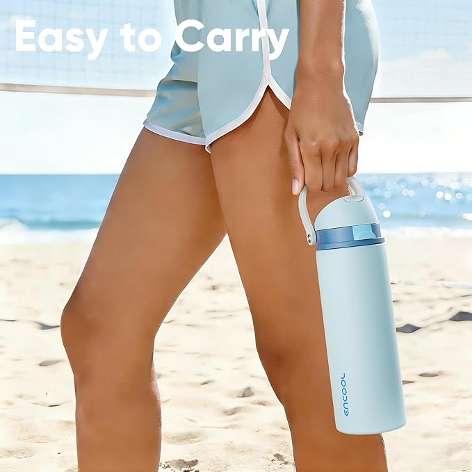 Insulated Water Bottle with Straw - Encool Stainless Steel Water Bottle with Push Button Lid, Leak-Proof & BPA-Free, Keeps Cold for 24 Hours for Sports, Travel, Gym (32 oz, Jungle Mist)