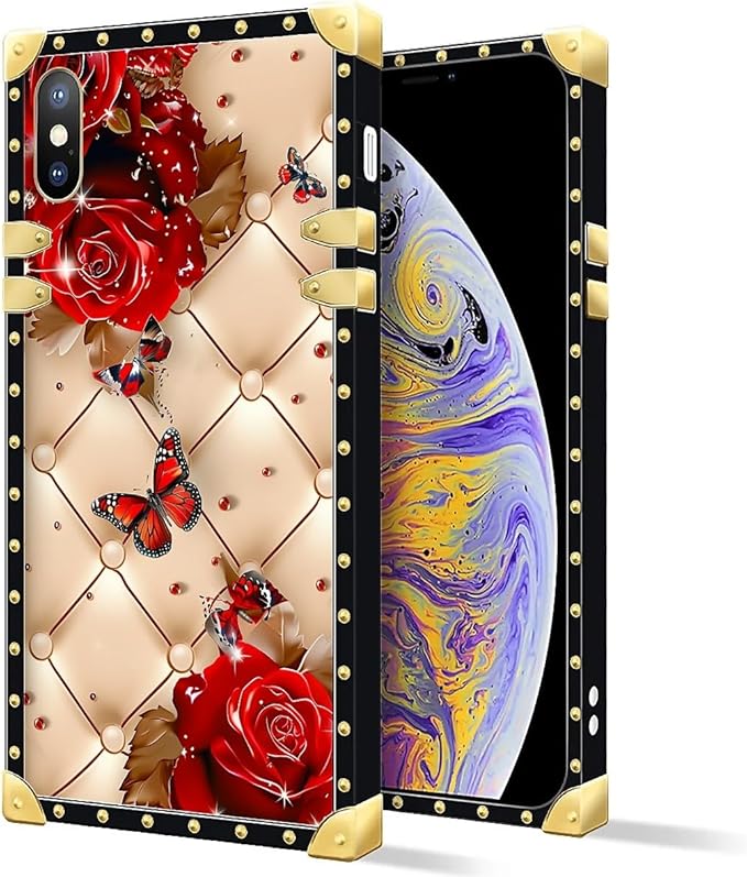 Compatible with iPhone XR Case, Shining Red Rose Butterfly Leather Background Luxury Golden Decoration for Girl Women Soft TPU Shockproof Protective Hard PC Back for iPhone XR