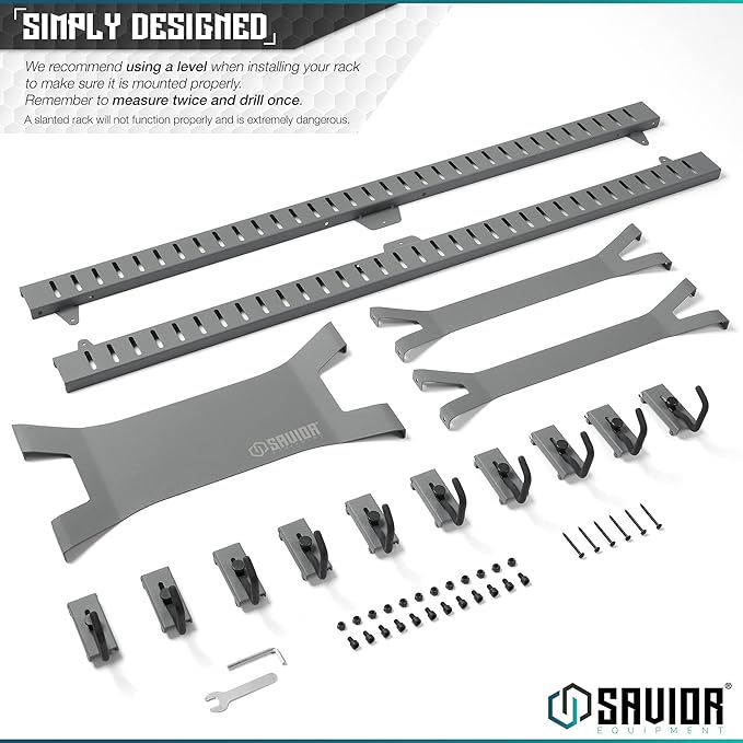 Savior Equipment Horizontal Steel Wall Mount Firearm Rifle Display Rack, Compound Bow Shotgun Carbine Gun Sword Tactical Vest Gear Hanger Free-Standing Indoor Storage Organizer, 10 Mounting Hooks