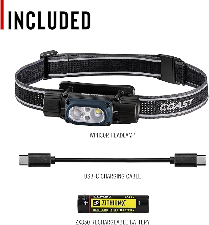 Coast WPH30R 1500 Lumen Waterproof Ultra Bright IP68 USB Rechargeable-Dual Power Headlamp, 5 Modes with Spot and Flood Beams, Blue/Black