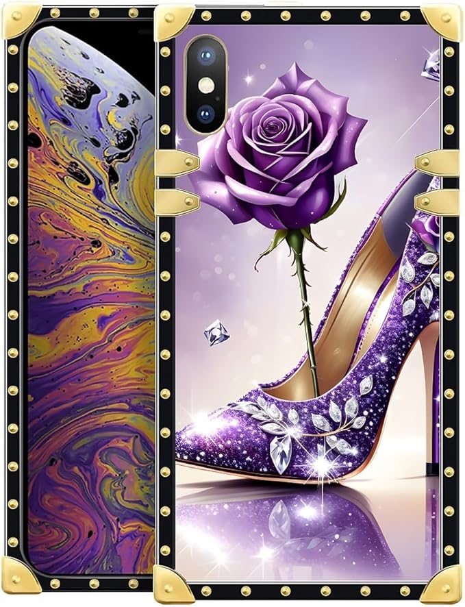 Compatible with iPhone Xs Max Case, High Heeled Purple Diamond Rose Luxury Golden Decoration for Girl Women Soft TPU Shockproof Protective Hard PC Back for iPhone Xs Max