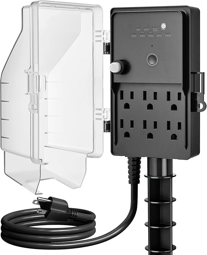 SURAIELEC Outdoor Power Stake Light Timer, Dusk to Dawn, 6 Electrical Outlet Power Strip Weatherproof, 6FT Extension Cord Multiple Outlet for Patio Lights, Sprinkler, Garden, Christmas Decorations