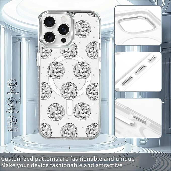 Case for iPhone 14 Pro Max,[Compatible with MagSafe],Disco Ball Grayish White Phone Case Design，for Women Girls Magnetic Clear Cover - Slim, Sleek, & Shockproof Protection