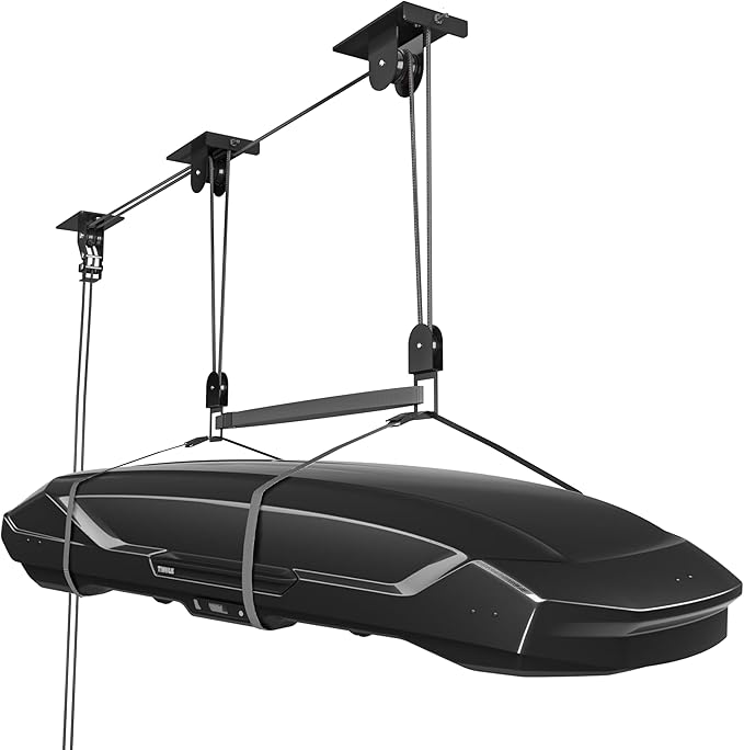 TRUSOON 2025 Upgrade Cargo Box Garage Pulley System, Garage Ceiling Hoist Heavy-Duty Holds up to 150 lbs Capacity, Fit 10-18 Foot Ceilings, Black