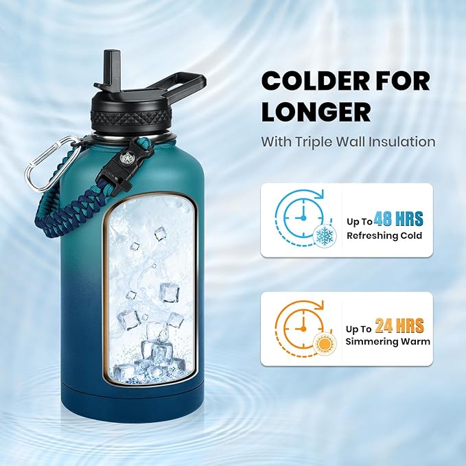 RAYMYLO Insulated Water Bottle 64 oz, Triple Wall Vacuum Stainless Steel (Cold for 48 Hrs), Leak Proof & Non-BPA, Half Gallon Water Flask Jug with Paracord Handle & Straw Spout Lids, Cyan Blue