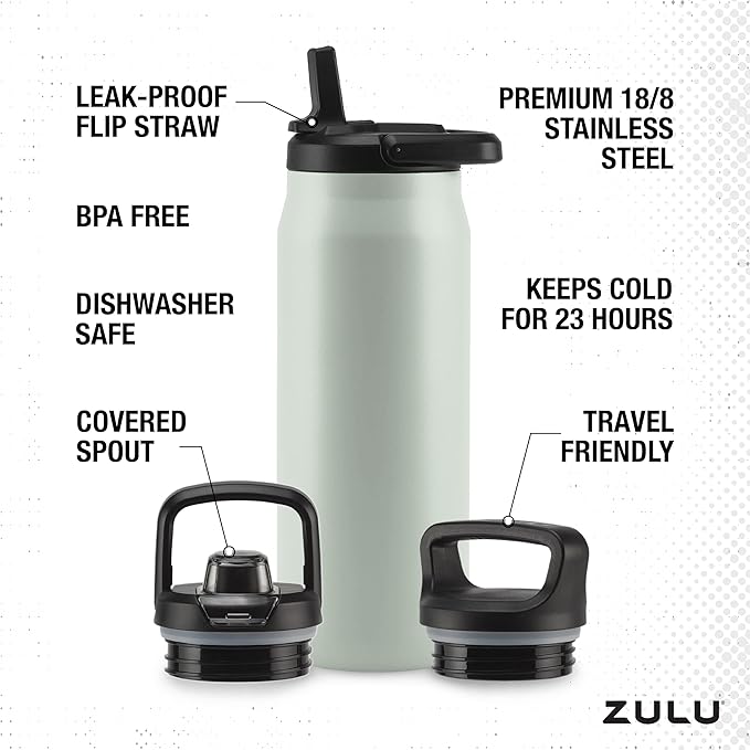 ZULU Base 32oz Stainless Steel Water Bottle with 3 Lids- Straw, Chug, Twist | Double Walled and Vacuum Insulated Metal Thermos | For Gym, Outdoor | Built in Carry Loop, Dishwasher Safe, Sage