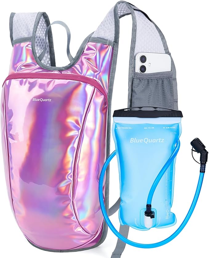 Blue Quartz Rave Hydration Backpack, Reflective Hiking Pack with 2L Water Bladder & Phone Pocket, Hydro Pack with Insulated Compartment for Festival Running Cycling for Men Women