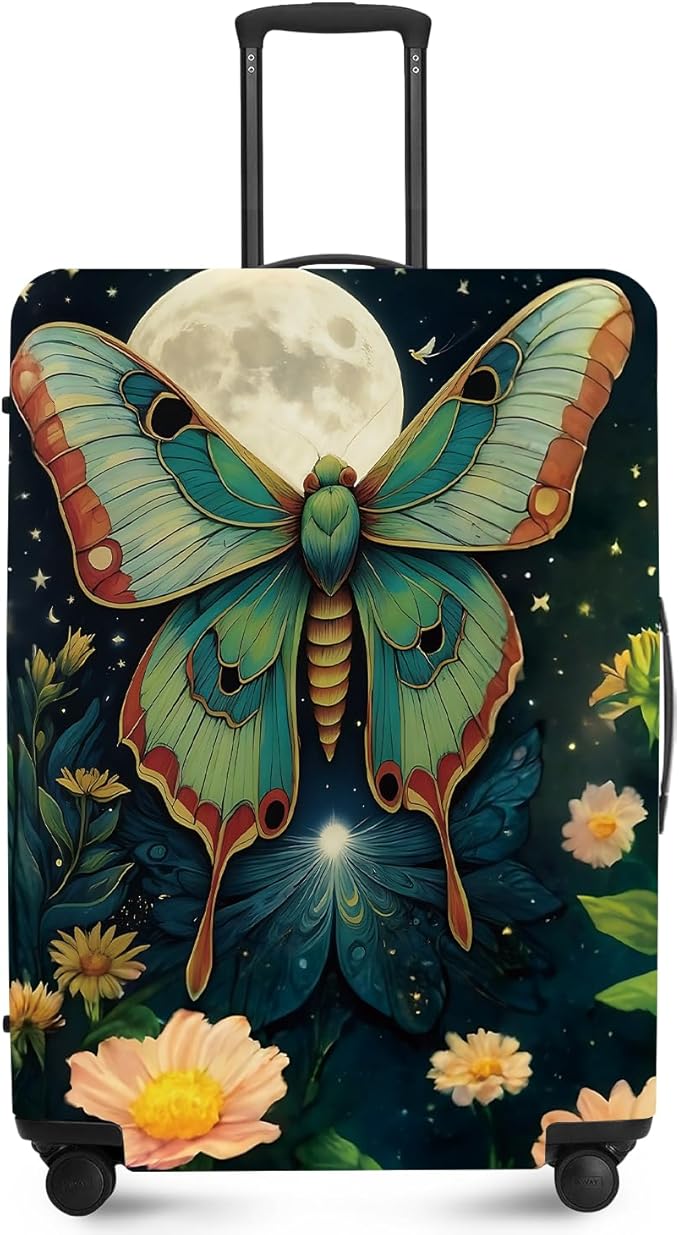 Moonlit Butterfly Flower MothTravel Luggage Cover -Stretchable Airplane Suitcase Protector Sleeve,Universal Washable Fit for 20-22 Inch Checked Baggage,Water Resistant Durable Luggage Protector