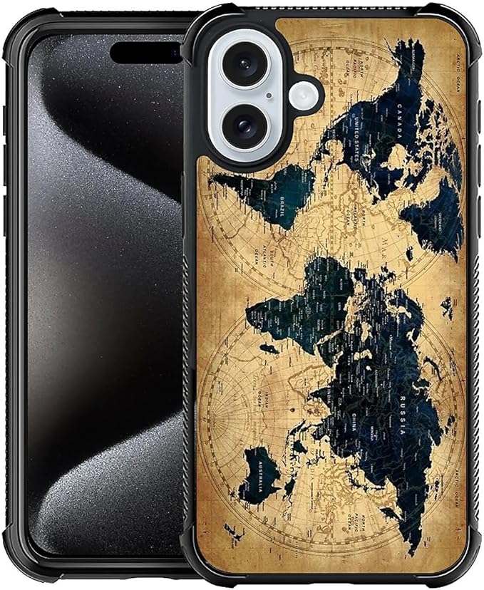 for iPhone 16 Case, Brown World Map Pattern Graphic Design Girl Boy Soft Silicone Hard Acrylic Shock Protection for iPhone 16
