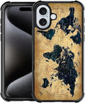 for iPhone 16 Case, Brown World Map Pattern Graphic Design Girl Boy Soft Silicone Hard Acrylic Shock Protection for iPhone 16