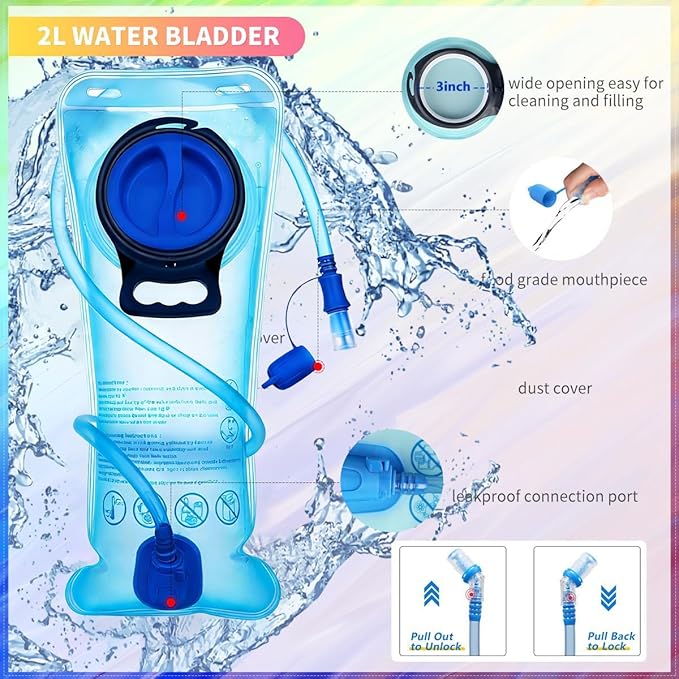 Hydration Backpack, Water Backpack with 2L Hydration Bladder, Rave Backpack Hydration Pack, Festival Essential for Raves, Hiking, Cycling, Climbing, Running, Outdoor, Camping and More