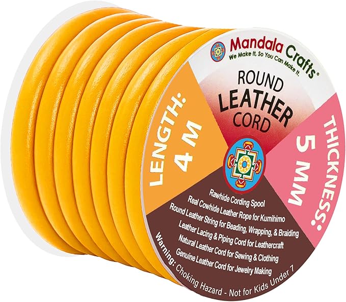 Mandala Crafts Round Genuine Mustard Yellow Leather Cord for Jewelry Making – 5mm Cowhide Leather Rope String Lace for Kumihimo – 4.4 Yards Cowhide Craft Cording Spool