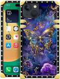 Compatible with iPhone 14 Case, Glistening Golden Butterfly Vibrant Purple Blue Luxury Golden Decoration for Girl Women Soft TPU Shockproof Protective Hard PC Back for iPhone 14