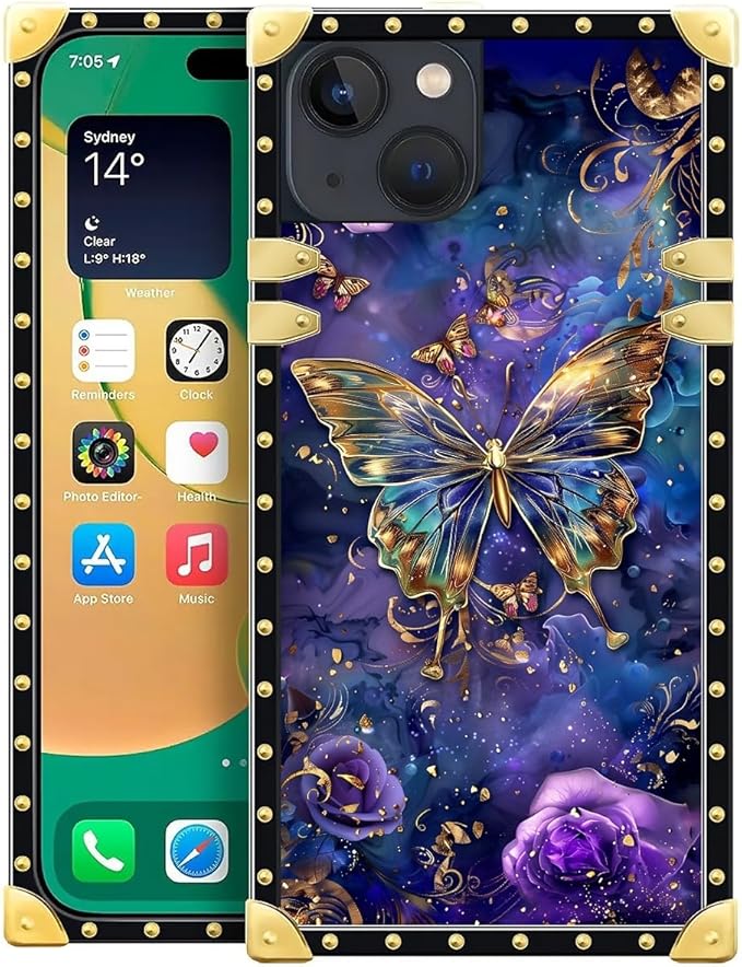 Compatible with iPhone 14 Case, Glistening Golden Butterfly Vibrant Purple Blue Luxury Golden Decoration for Girl Women Soft TPU Shockproof Protective Hard PC Back for iPhone 14