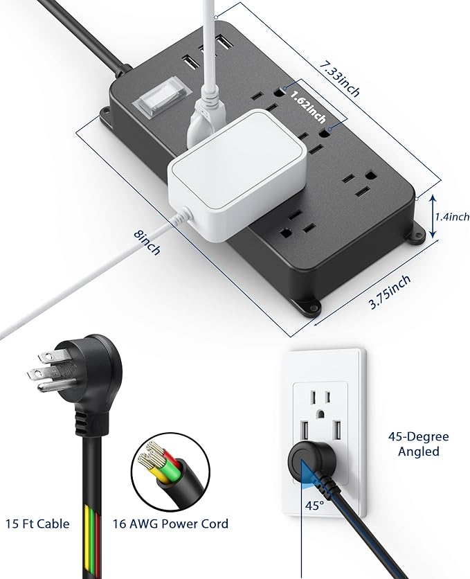 Outdoor Power Strip Weatherproof with USB,Waterproof Surge Protector,3 USB Ports, 6 Outlets,Multi Plug Electrical Outlet for Camping,Garden,Home Office Patio Porch,etc,15FT Cord,Flat Plug