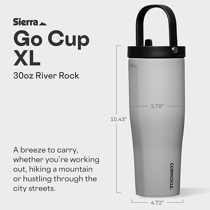 Corkcicle Go Cup XL - Leak-Proof Travel Tumbler - Triple Insulated Stainless Steel Water Bottle - Easy-Carry Handle - Summer Drinkware Gift - Keeps Drinks Ice Cold - 30 oz - River Rock
