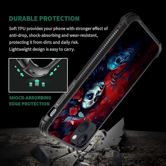for iPhone 14 Case, Skull Lady Rose Pattern Graphic Design Girl Boy Soft Silicone Hard Acrylic Shock Protection for iPhone 14