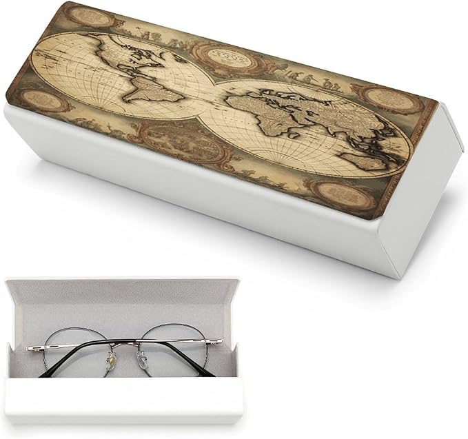 World Map Eyeglass Case Spectacle Case Slim PU Leather Eyeglass Case for Men Women Lightweight Protective Eyewear Storage with Cleaning Cloth