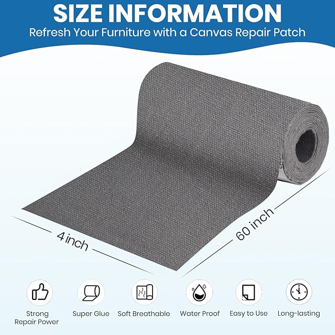 Canvas Patch 4 "x 60 ", Self-Adhesive Waterproof Canvas Patch Set for Repairing Tents, Couch, Boat Covers, Camping Chairs, Awnings, Car Seats.(Dark Gray)