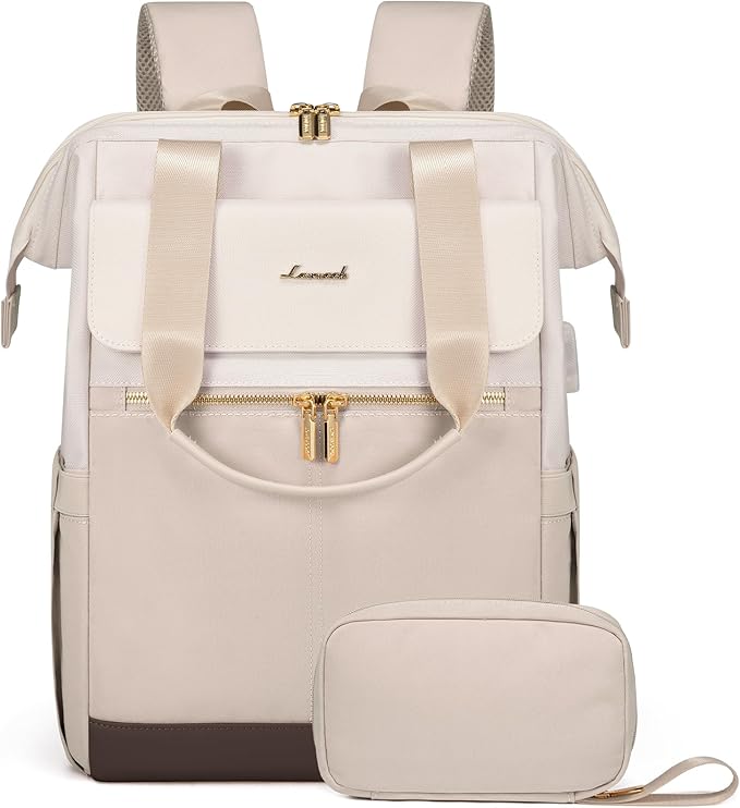 LOVEVOOK 17.3 Inch Laptop Backpack for Women, Large Capacity Travel Backpack with Organizer Bag, Waterproof Carry on Backpack Purse Work Bag with USB Port for Teacher Nurse, Beige-Nude