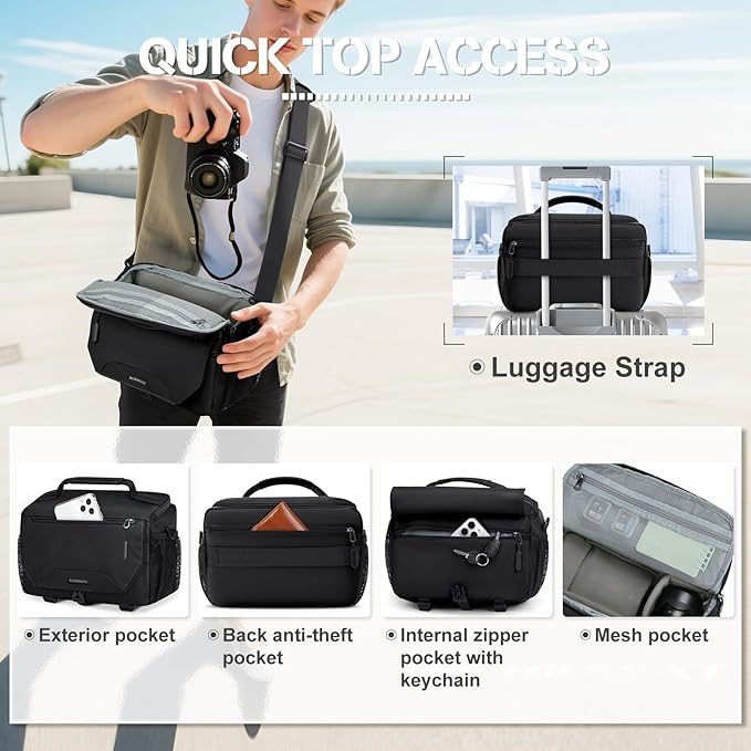 RAINSMORE Camera Bag, Small DSLR/SLR/Mirrorless Camera Sling Bag Waterproof Camera Case with Tripod Holder & Rain Cover Compact Crossbody Camera Bags for Photographers Everyday Shoulder Bags, Black