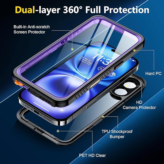 SPIDERCASE for iPhone 16 Waterproof Case, Built-in Screen Protector,12FT Military Shockproof, IP68 Underwater Heavy Duty Sealed Protection with Lanyard for iPhone 16 6.1“, Purple