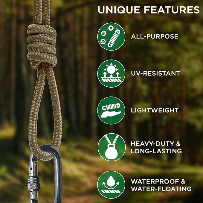 TECEUM Rope – 90 Feet x 3/8 Inch (10mm) – Coyote Brown – Strong All-Purpose Utility Rope – Camping, Crafting, Flag Pole, Indoor & Outdoor – Polypropylene Nylon Poly Lightweight Diamond Braided Cord