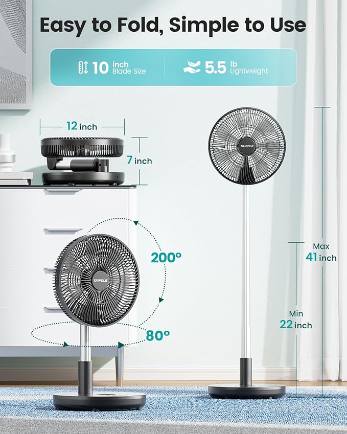 TriPole Foldable Standing Fan 12" Portable Rechargeable Battery Pedestal Fan with Remote, Timer Setting, Height Adjustable, for Home Office, 6 Speed, 12000mAh (Black)