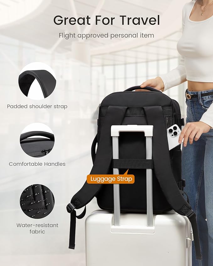 LOVEVOOK 40L Travel Backpack for Women Men, TSA Personal Item Travel Bag Fits 17.3inch Laptop, Waterproof Airline Approved Carry On Luggage With 2 Cubes for Weekender Hiking Business, Black