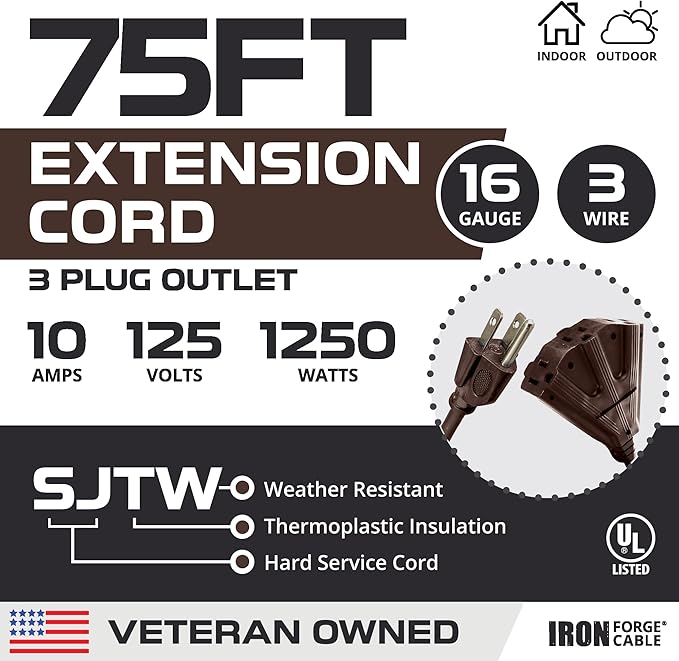 Iron Forge Cable 75ft Brown Outdoor Extension Cord with 3 Outlets - 16/3 SJTW 75ft Extension Cord 3 Prong, 10 Amp All-Weather Heavy Duty Power Cable