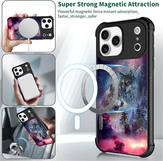 for iPhone 17 Pro Max Case,for MagSafe Graphic Design for Girl Boy Soft Silicone Hard Acrylic Shock Protection Designed for iPhone 17 Pro Max Star Two Wolfs Howling Pattern