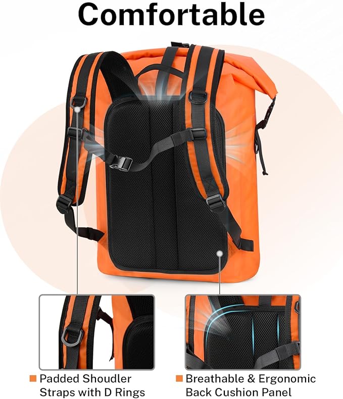 Gonex Ultralight Waterproof TPU Backpack, 55L Roll Top Dry Bag with Comfortable Padded Back Panel for Kayaking Boating Camping Fishing Travel,Orange