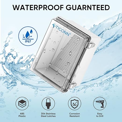 TICONN Outdoor Electrical Box Waterproof, Junction Box IP67 ABS Plastic Enclosure with Hinged Cover with Mounting Plate, Wall Brackets, Cable Glands (Clear, 11"x7.5"x5.5")